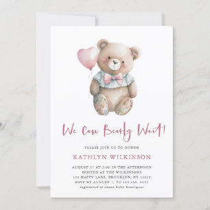 Pink Teddy We Can Bearly Wait Girl Baby Shower Invitation
