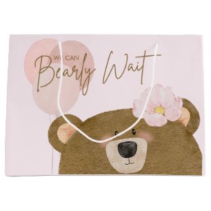 Pink Teddy We Can Bearly Wait Girl Baby Shower Large Gift Bag
