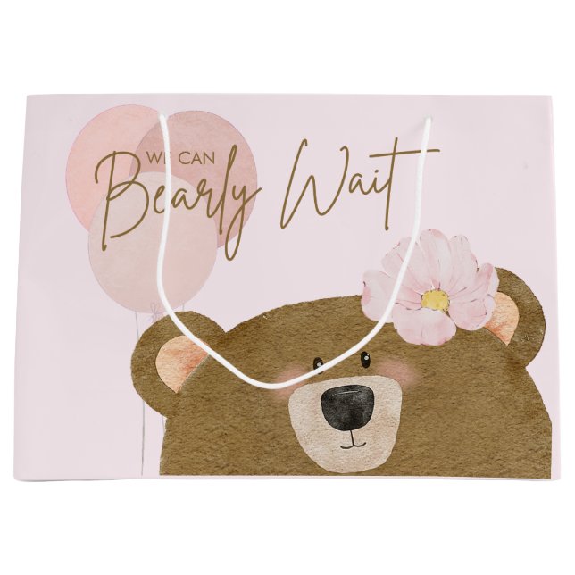 Pink Teddy We Can Bearly Wait Girl Baby Shower Large Gift Bag (Front)