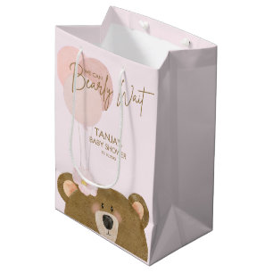 Pink Teddy We Can Bearly Wait Girl Baby Shower Medium Gift Bag