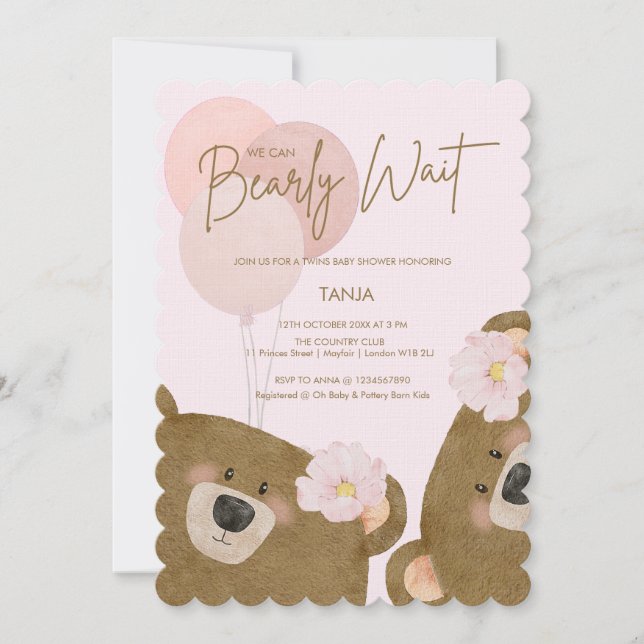 Pink Teddy We Can Bearly Wait Twins Baby Shower Invitation (Front)