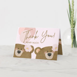 Pink Teddy We Can Bearly Wait Twins Baby Shower Thank You Card