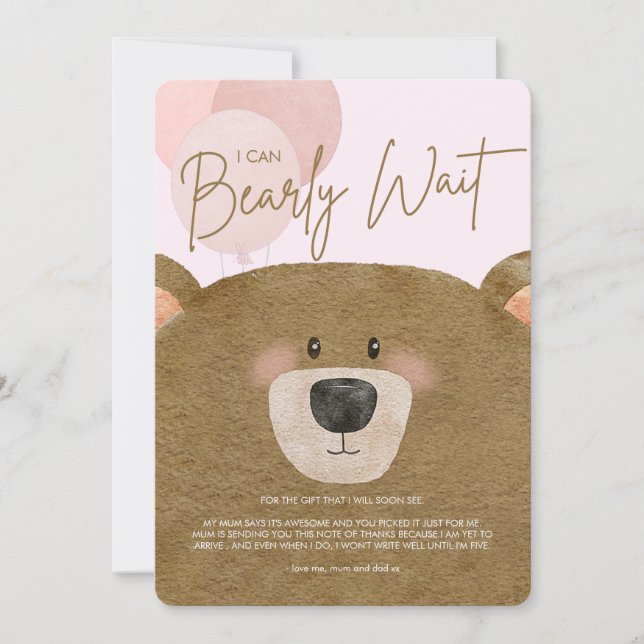 Pink Teddy We Can Bearly Wait Twins Baby Shower Thank You Card (Front)