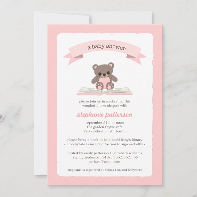 Pink Teddybear Bring a Book Baby Shower Invitation (Front)