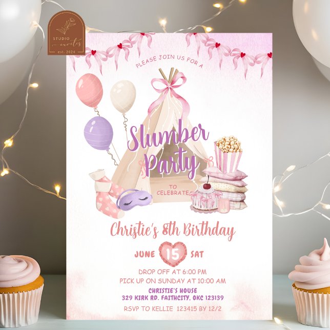 Pink Teepee Sleepover Tent Slumber Party Birthday Invitation (Creator Uploaded)
