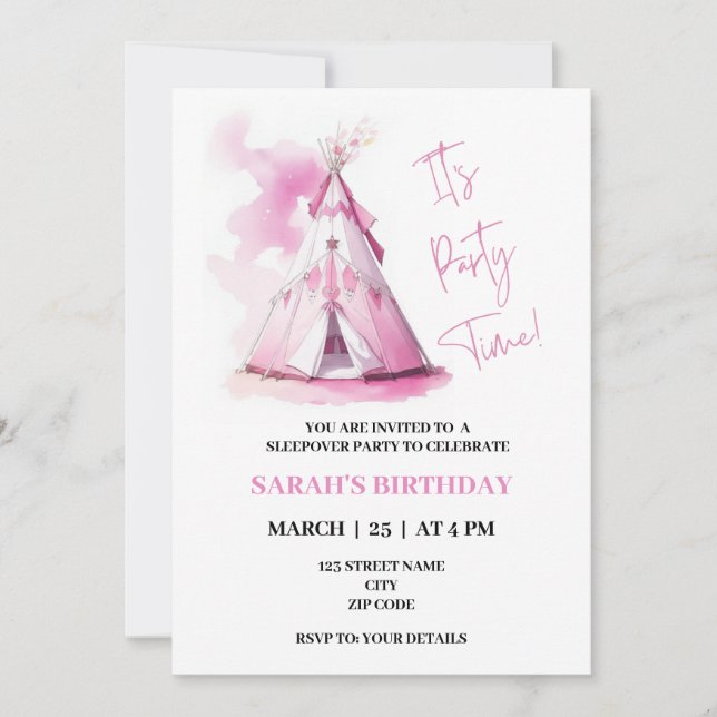 Pink Teepee sleepover themed birthday invitation (Front)