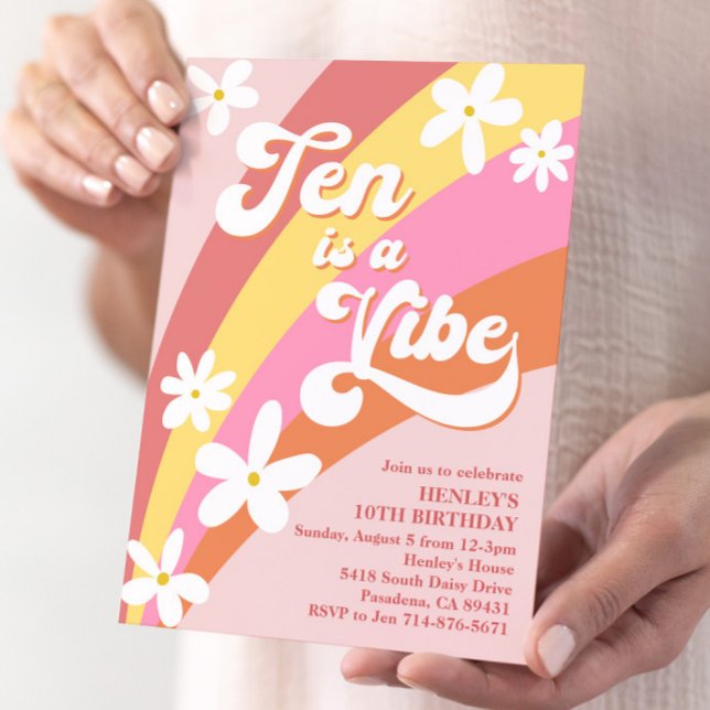 Pink Ten Is a Vibe Retro Daisy Rainbow Birthday Invitation (Creator Uploaded)