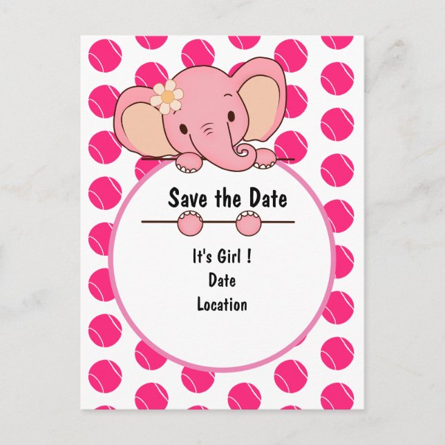 Pink Tennis Ball It's Girl for Baby elepjant  Announcement Postcard (Front)