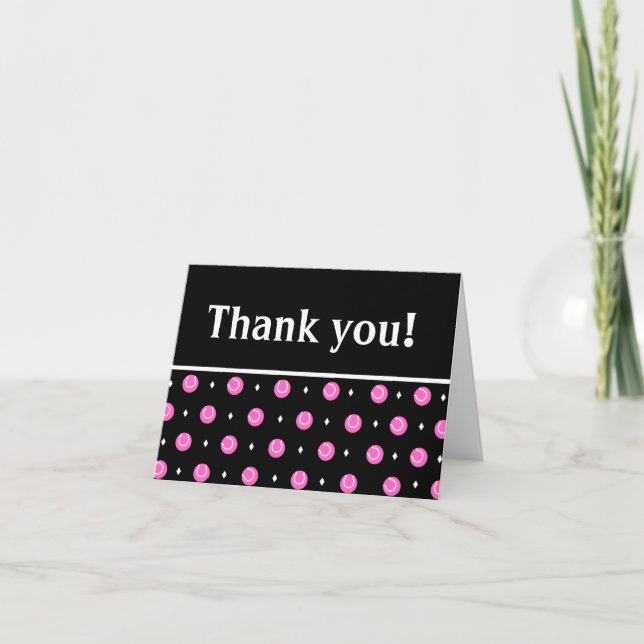 Pink Tennis Balls White Diamond Shape Cute Black Thank You Card (Front)