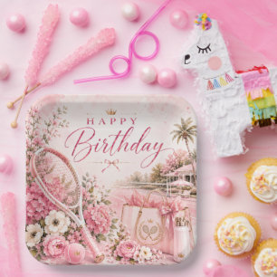 Pink Tennis Birthday Floral Watercolor Paper Plate