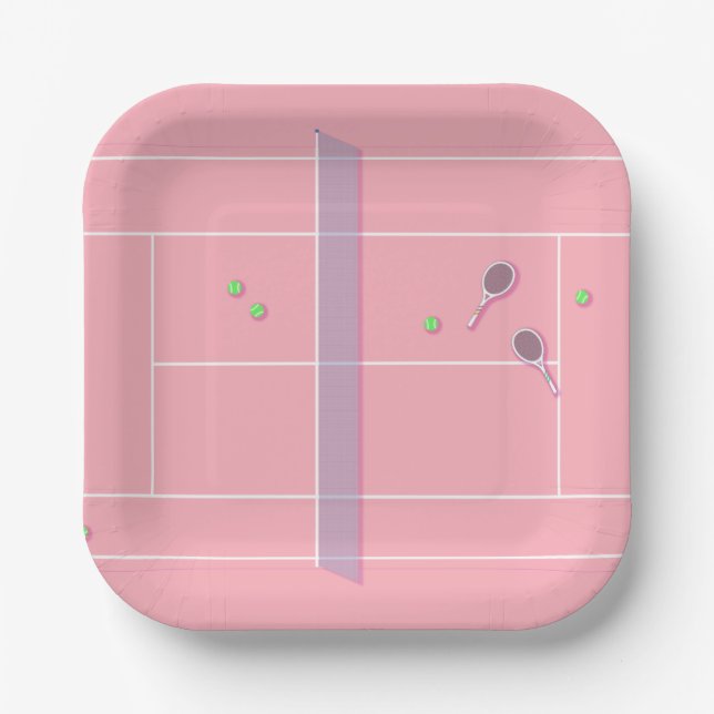 Pink Tennis Court Modern Tennis Player   Paper Plate (Front)