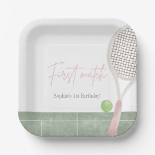 Pink Tennis First Birthday Girl Preppy Classic Paper Plate