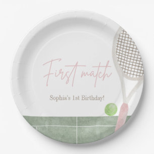 Pink Tennis First Birthday Girl Preppy Classic Paper Plate