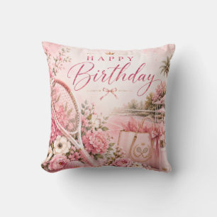 Pink Tennis Happy Birthday Floral Watercolor Cushion