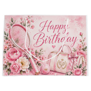 Pink Tennis Happy Birthday Floral Watercolor  Large Gift Bag