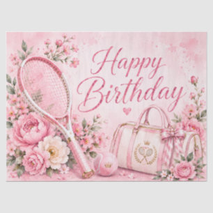 Pink Tennis Happy Birthday Floral Watercolor Tissue Paper