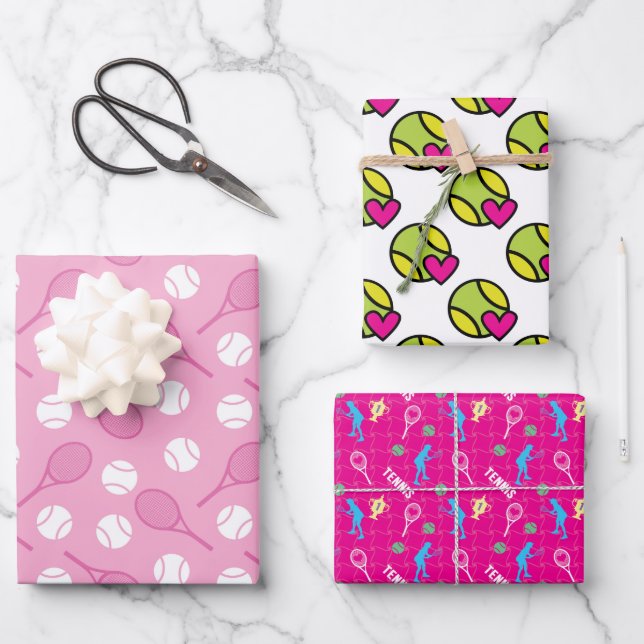 💟 Pink tennis motifs on wrapping paper sheets (Front)