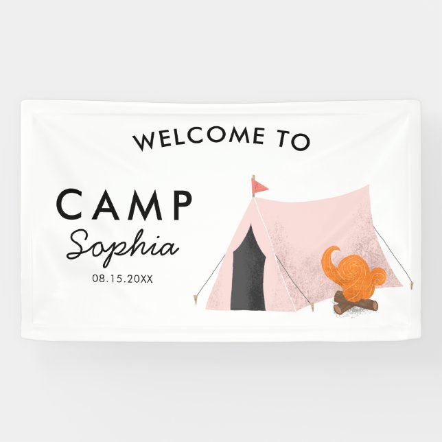 Pink Tent Camping Birthday Party Welcome Banner (Horizontal)