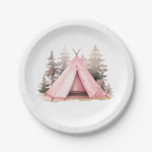 Pink Tent Camping Hiking Paper Plate