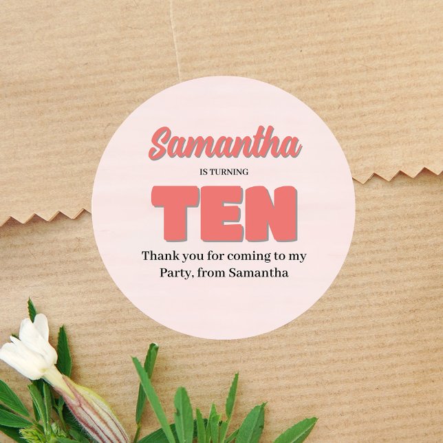 Pink Tenth Birthday Girl Party Floral Classic Round Sticker (Pink tenth birthday party custom favor sticker.)