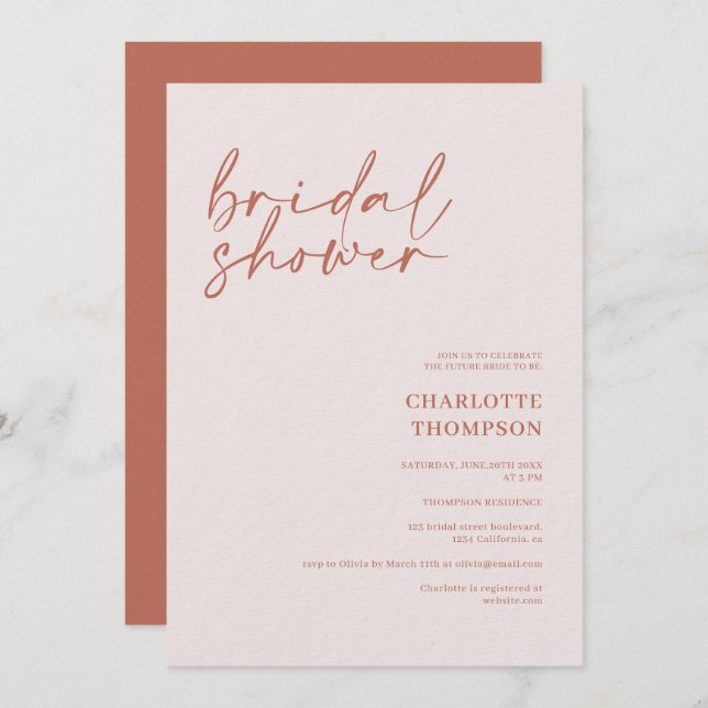 Pink terracotta casual script bridal shower invitation (Front/Back)