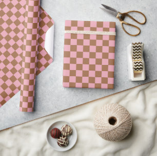 Pink Terracotta Checkerboard Checkered Girly Retro Wrapping Paper