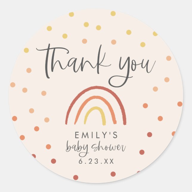 Pink Terracotta Rainbow Baby Shower Thank You Classic Round Sticker (Front)