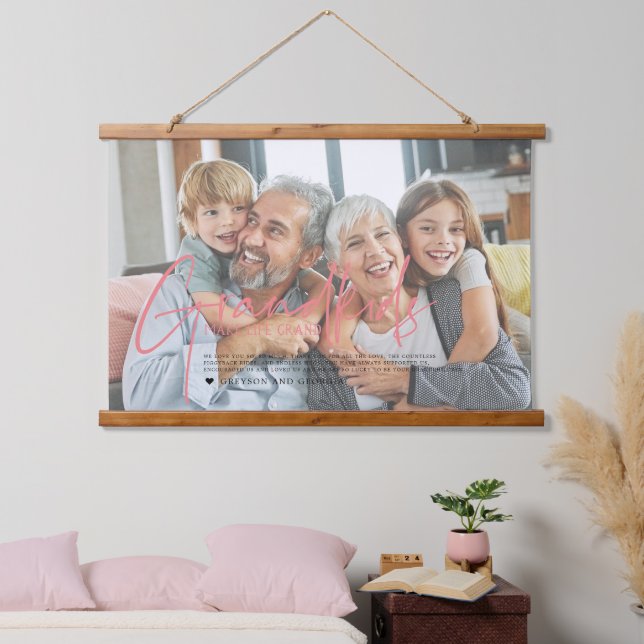 Pink Text | Grandkids Make Life Grand Photo Hanging Tapestry (Bedroom)