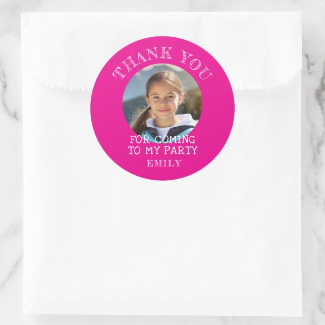 Pink Thank you Birthday Girl Photo Classic Round Sticker (Bag)