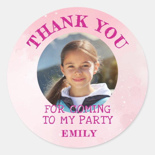 Pink Thank you Birthday Girl Photo Classic Round Sticker (Front)