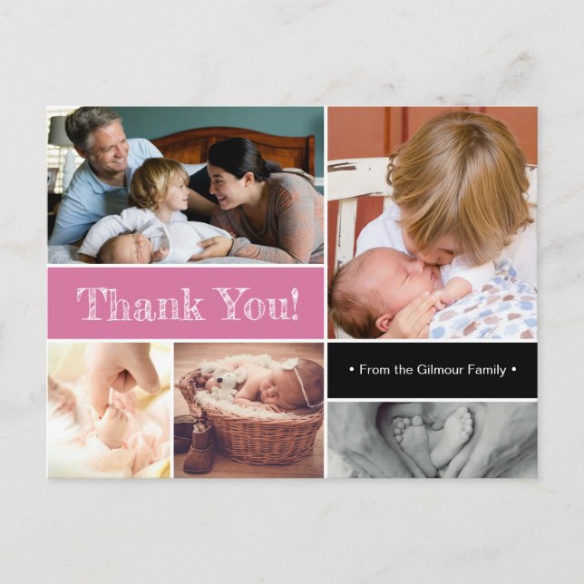 Pink Thank You Introducing Second baby Photos Announcement Postcard (Front)