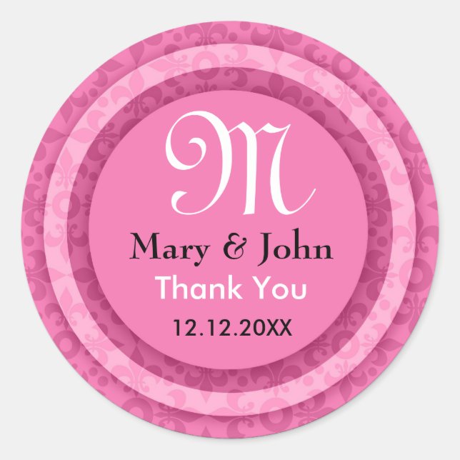 Pink Thank You Monogram Initial Bride and Groom Classic Round Sticker (Front)