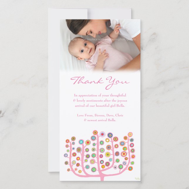 Pink Thank You Note Baby Girl Photo Card Template (Front)
