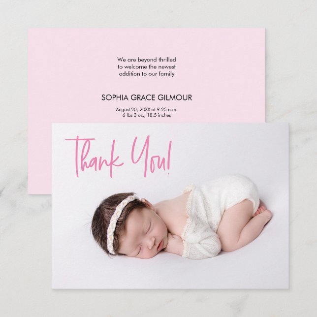 Pink Thank You Script Baby Girl Photo baby shower  Card (Front/Back)