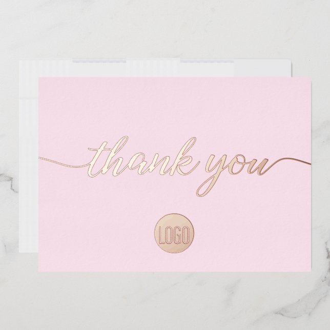 Pink Thank you Script Custom Logo Rose Gold  Foil Holiday Card (Envelope)