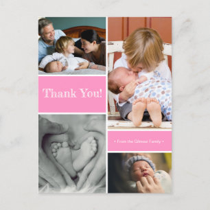 Pink Thank you second baby birth announcement Postcard