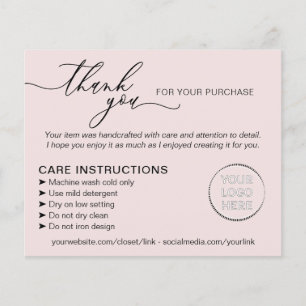 Pink Thank you Washing Care Instructions Advice Flyer