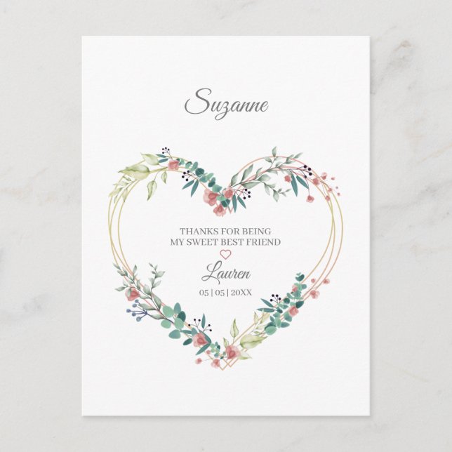 Pink Thank Your Best Friends Floral Heart Postcard (Front)