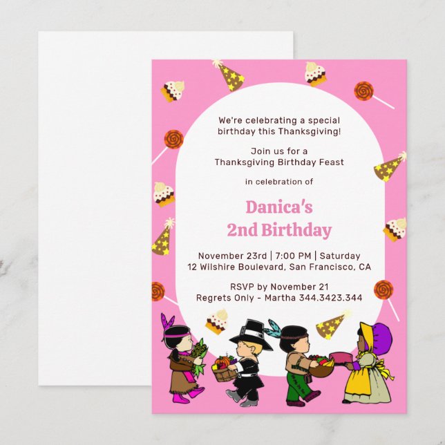 Pink Thanksgiving Birthday Kid's Party Invitation (Front/Back)