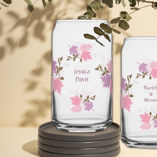 Pink Thanksgiving Fall Leaves Personalise Name Can Glass