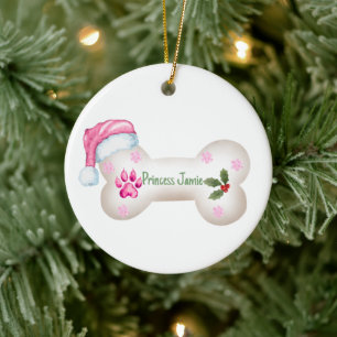 Pink Theme Personalizable Dog Bone Christmas Ceramic Tree Decoration