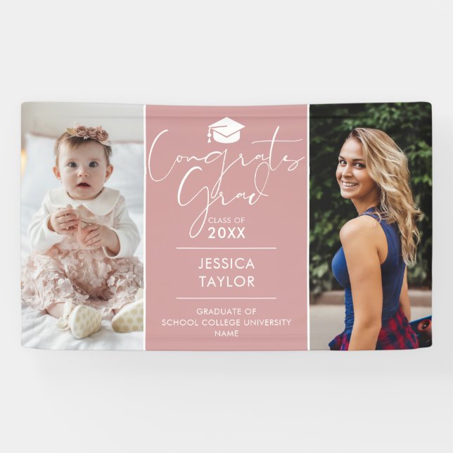 Pink Then And Now 2 Photo Graduation Party Banner (Horizontal)