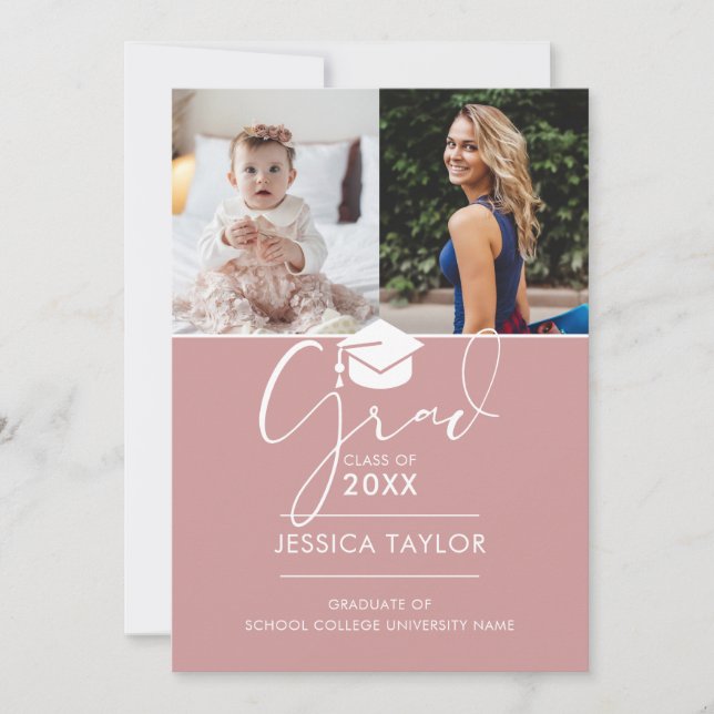 Pink Then And Now 2 Photo Graduation Party Invitation (Front)