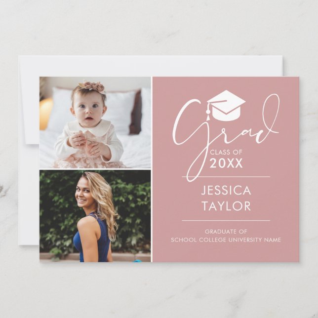 Pink Then And Now 2 Photo Graduation Party Invitation (Front)