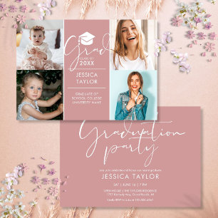 Pink Then And Now 4 Photo Graduation Party Invitation