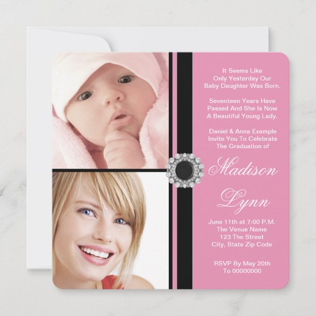 Pink Then and Now Photo Graduation Invitation (Front)