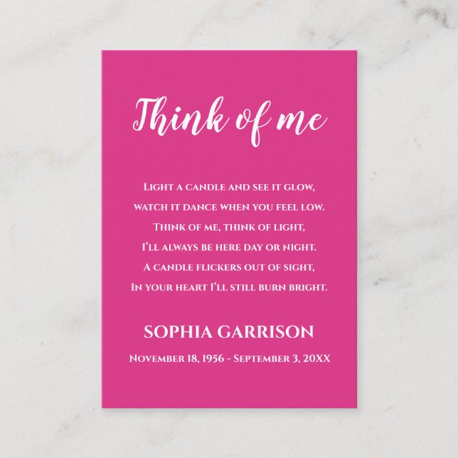 Pink Think Of Me Celebration of Life Candle Place Card (Front)