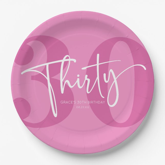 Pink Thirty 30th Thirtieth Birthday Party Paper Plate (Front)