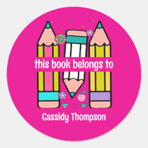 Pink This book belongs to pencil kids bookplate Classic Round Sticker