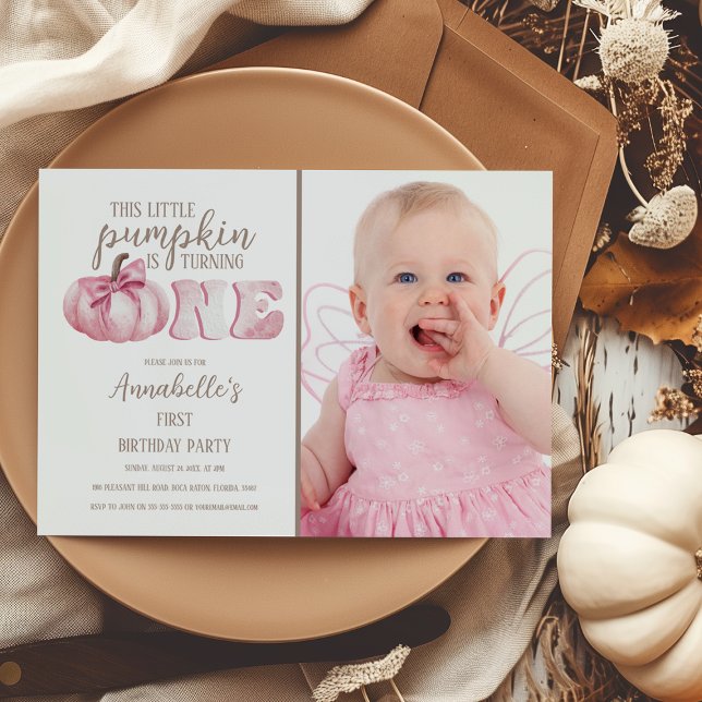 Pink This Little Pumpkin Photo 1st Birthday Party  Invitation (Creator Uploaded)